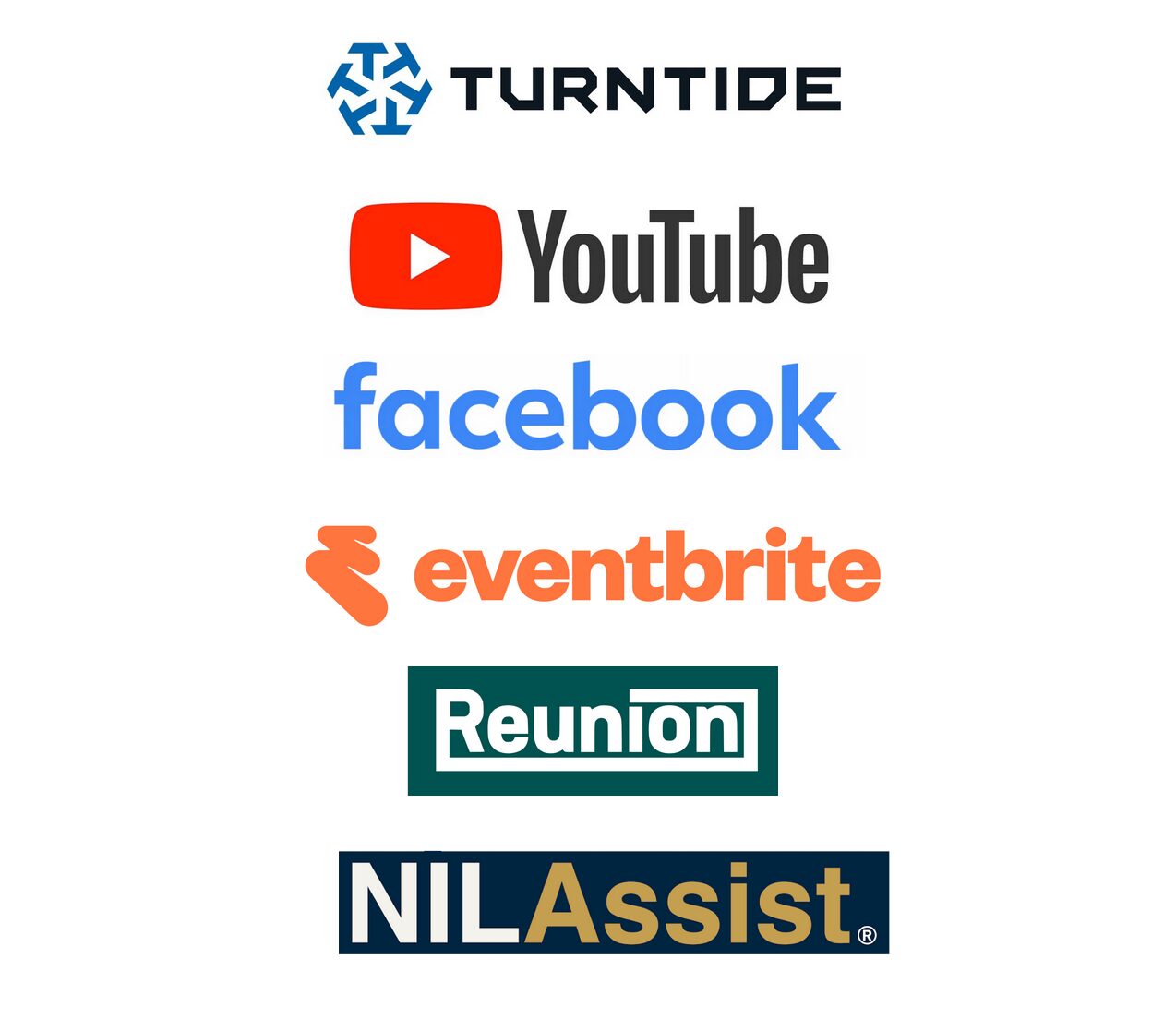 Logos for Turntide, YouTube, Facebook, Eventbrite, Reunion, NILAssist